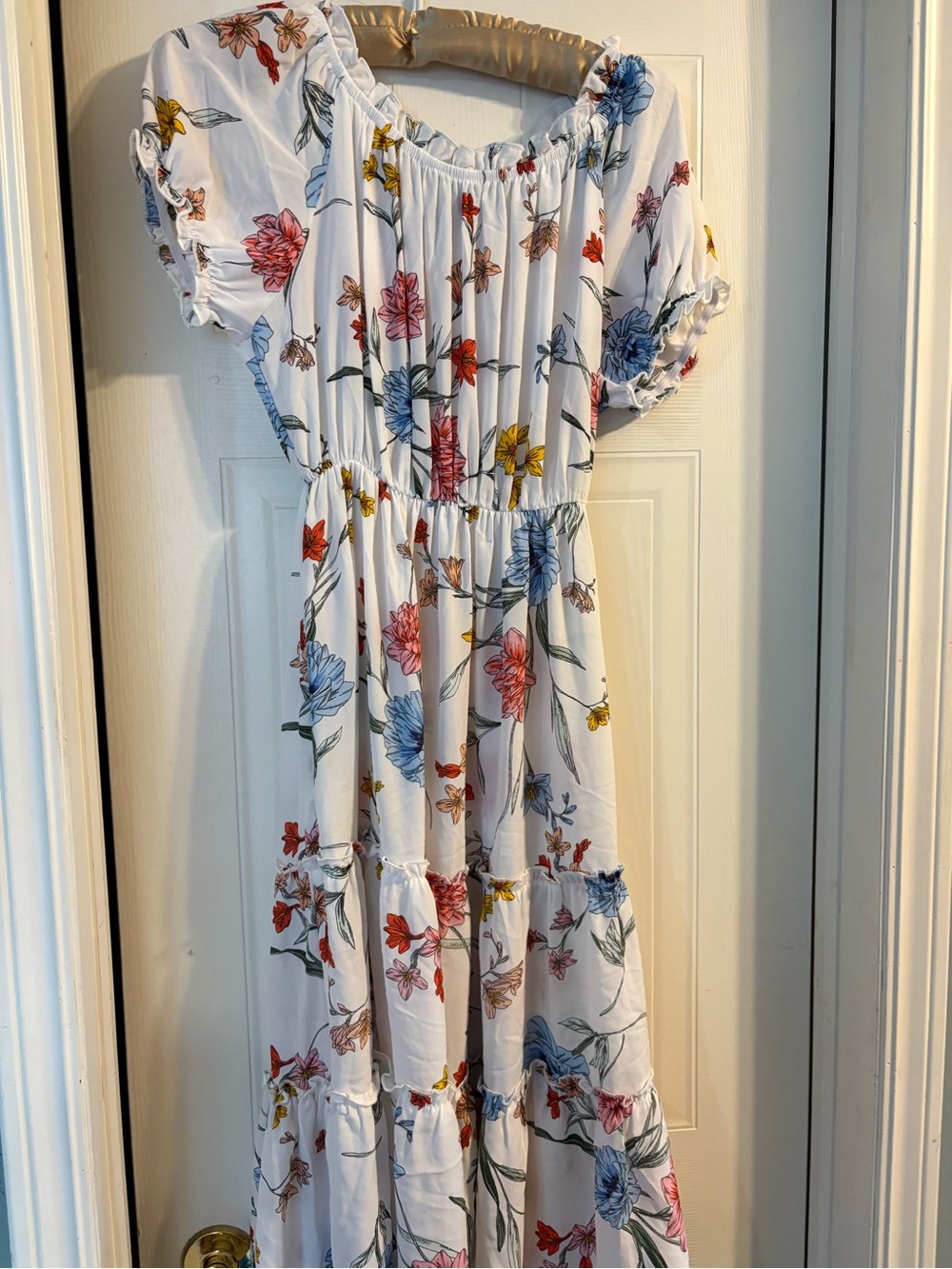 White Floral Midi Dress with Blue, Pink & Yellow Blooms